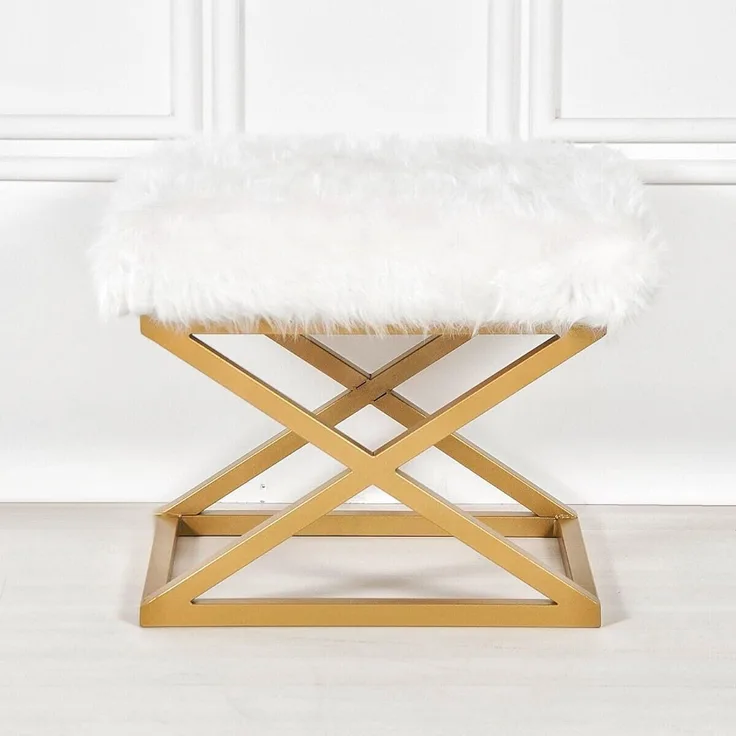 Atelier Del Sofa Stylish Pouffe with Metal Frame, 50 cm Width, 42 cm Height, 40 cm Depth | 100% Polyester Babyface, Elegant Gold & White Design | Perfect for Modern Living Spaces