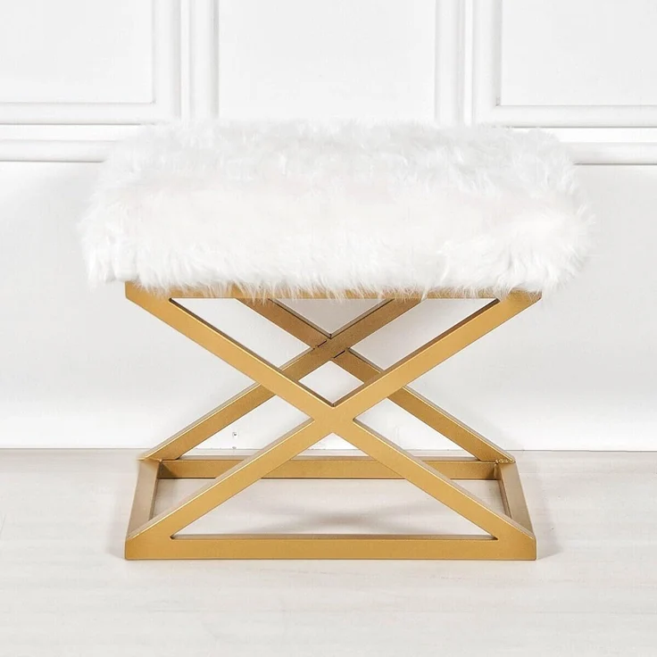 Atelier Del Sofa Stylish Pouffe with Metal Frame, 50 cm Width, 42 cm Height, 40 cm Depth | 100% Polyester Babyface, Elegant Gold & White Design | Perfect for Modern Living Spaces
