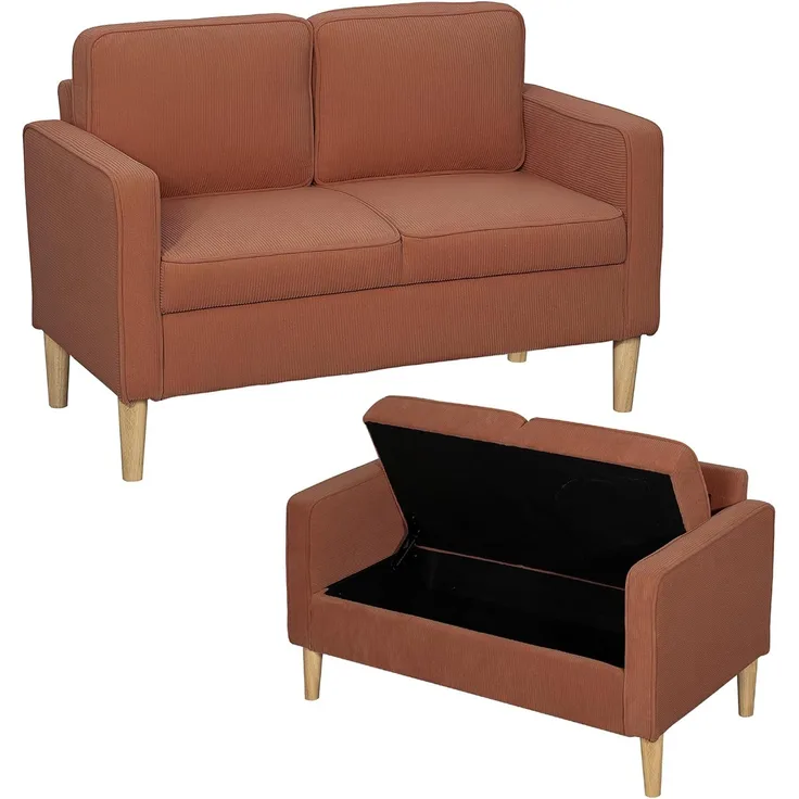 HOMCOM 2-Sitzer Sofa klein Couch mit Armlehne, Stauraum, Loungesofa 1 Teile, für Wohnzimmer, Schlafzimmer, 117 x 63 x 79 cm, Orange