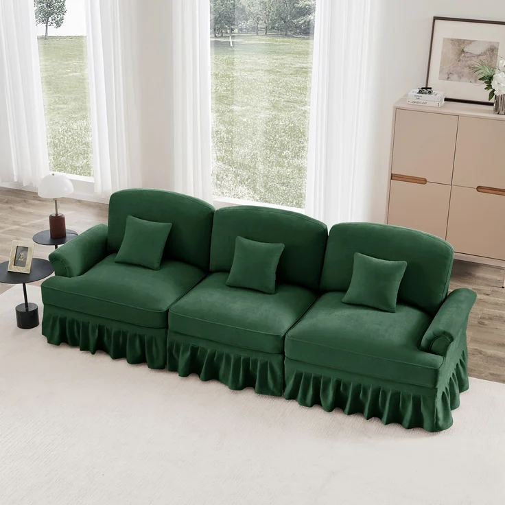 Elegantes Mid-Century 3-Sitzer Sofa, Chenille, Trichter-Armlehnen, abnehmbare Rüschenschürze, spindelförmige Beine, komfortables Sofa fürs Wohnzimmer, Grün – Bild 2