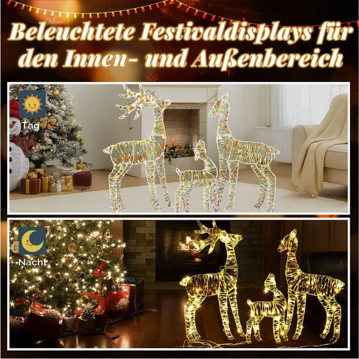 LALAHO Weihnachtsfigur Led Rentier 3Tlg Weihnachtsbeleuchtung, mit 150 LEDs, Rentier Weihnachten Deko für Außen und Innen – Bild 2