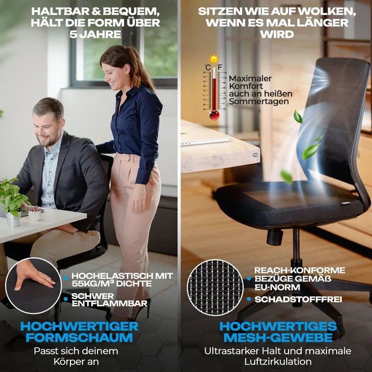 VALKENSTOL M2 Essential - Bürostuhl Ergonomisch Testsieger - 5 Jahre Garantie - Schreibtischstuhl ohne Armlehnen ohne Kopfstütze - Computerstuhl – Bild 7