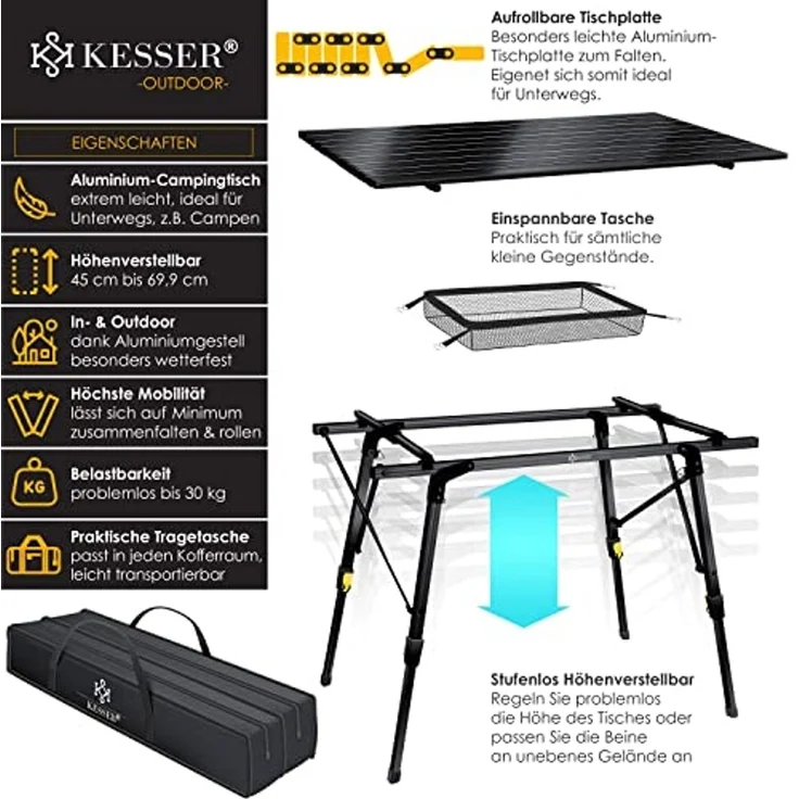 KESSER® Campingtisch faltbar Klapptisch mit Aluminiumrahmen Aufrollbare Tischplatte Falttisch klappbar höhenverstellbar inkl. Tragetasche mit Trageband & Netztasche Schwarz – Bild 2