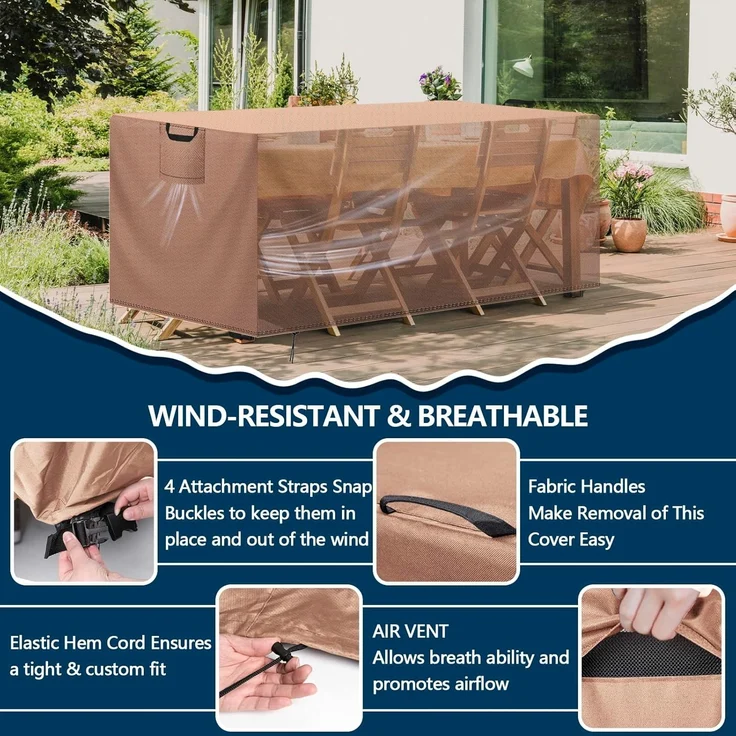Aujink Abdeckung Gartenmöbel Winterfest, Wasserdichte Schutzhülle Gartenmöbel 420D Oxford Anti-UV Abdeckplane für Gartentische Terrassenmöbel Regenschutz und Staubfest Abdeckhaube Khaki 213 x 132 x 74 cm – Bild 3