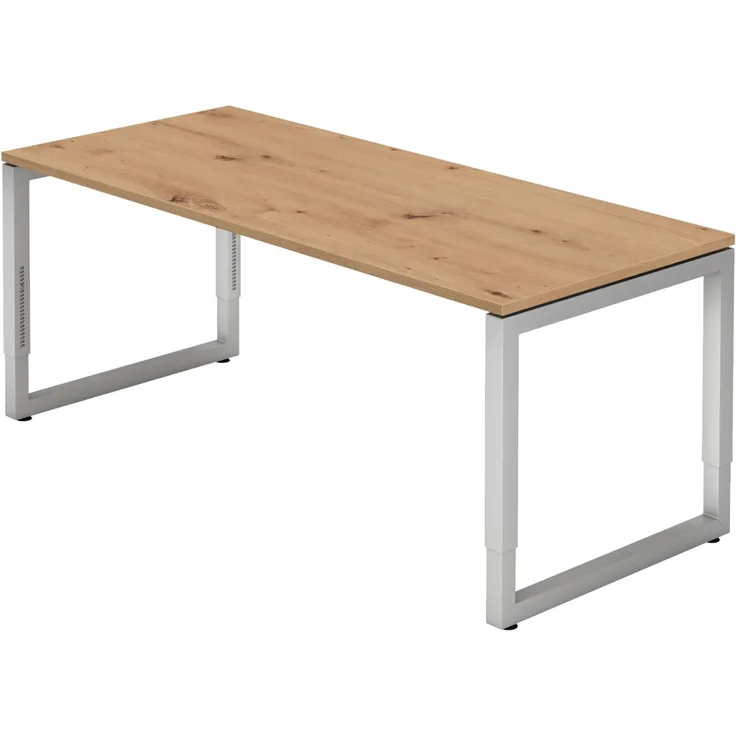 bümö höhenverstellbarer Schreibtisch R-Serie 180x80 cm in Asteiche, Gestell in Silber - großer PC Tisch für's Büro manuell höhenverstellbar, Computertisch verstellbar, RS-19-R-S