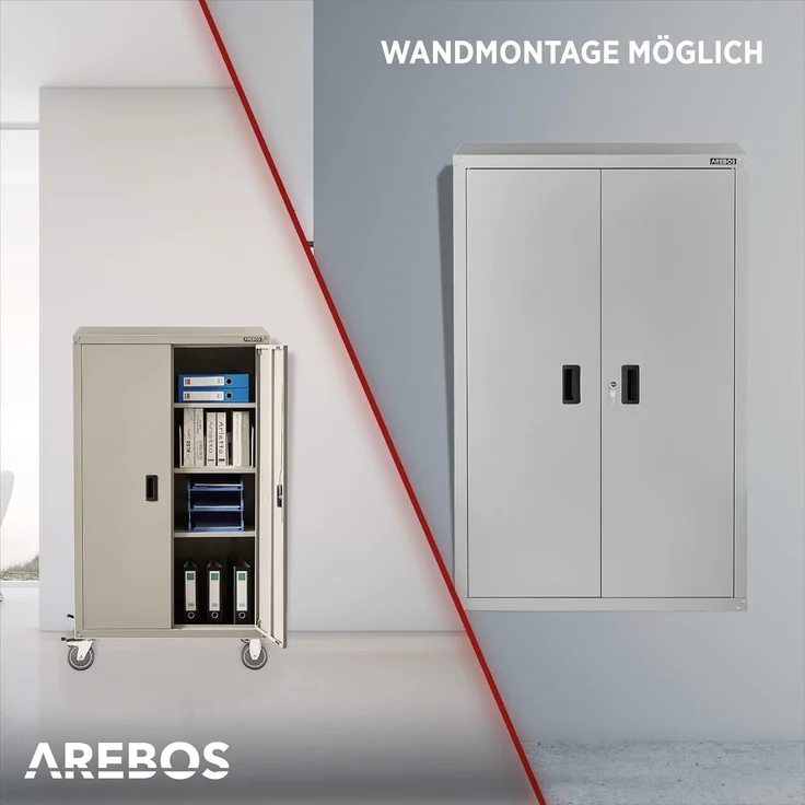 Arebos Aktenschrank Büroschrank Materialschrank Stahlschrank Rollen 140x90x40 cm (Stück, Grau) – Bild 5