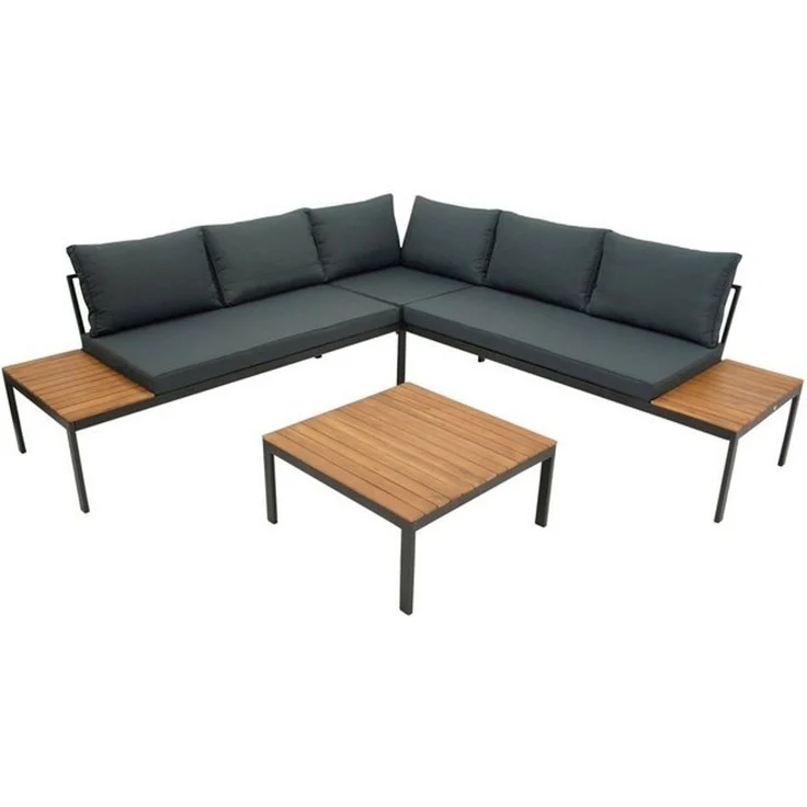 DEGAMO Gartenlounge-Set RANGUN, Ecksofa 225x225 cm + Tisch, Stahl verzinkt + Akazie, Polster grau – Bild 4