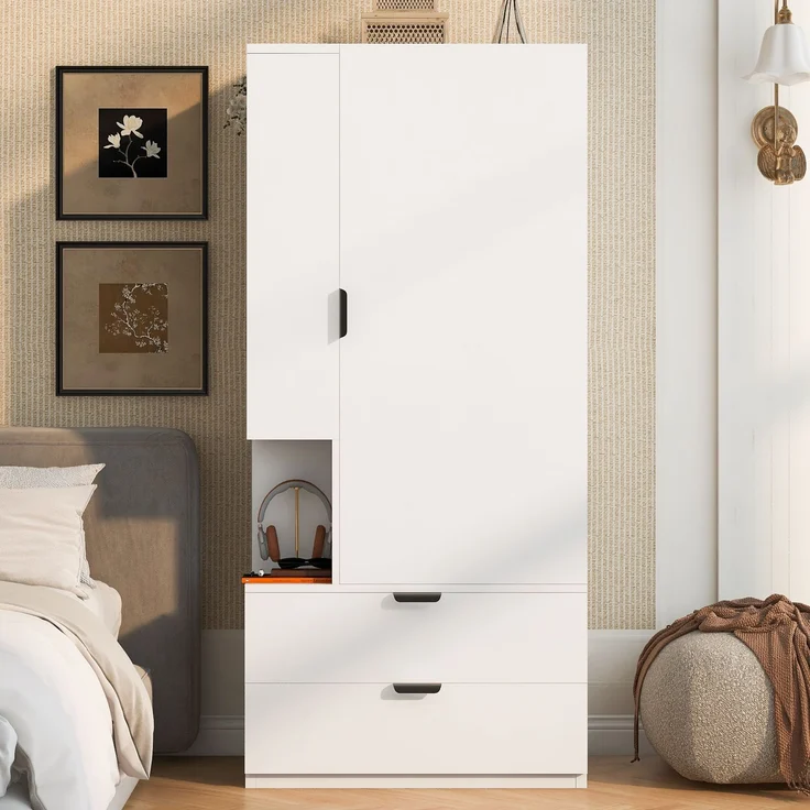 Kleiderschrank 70x50x170 cm in Weiß, mit offenen Fächern, Kleiderbereich und Schubladen – Bild 3