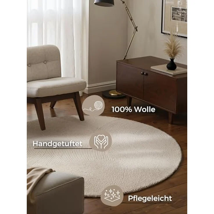 XXXL Wollteppich Eleni, Rund, Creme, Handgetuftet, Pflegeleicht, Für Fußbodenheizung Geeignet, 150 cm Durchmesser – Bild 3