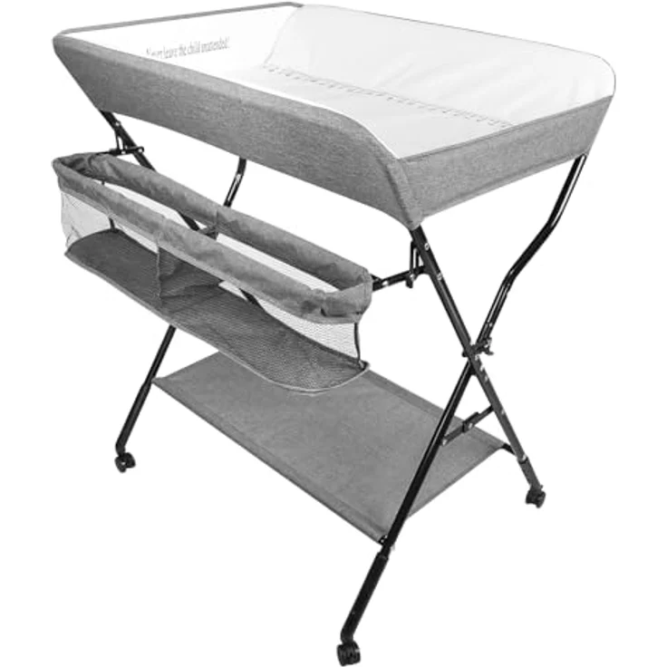 Wickeltisch Faltbar und Tragbar 3 in 1, max. Belastung 25 kg für neue, Wickeltisch mit Aufbewahrungskorb, Sicherheitsgurt und 4 Rollen mit Bremse, höhenverstellbar, 86 * 62 * 96 cm-grau – Bild 3
