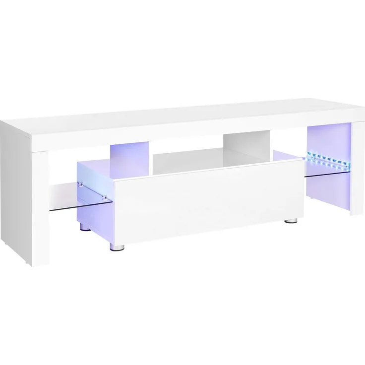 Vasagle Fernsehtisch für Fernseher bis 60 Zoll, großer TV-Schrank, Fernsehschrank, TV-Regal mit LED-Beleuchtung, Lowboard, Wohnzimmer, 140 x 35 x 45 cm, modern, glänzend, weiß LTV14WT