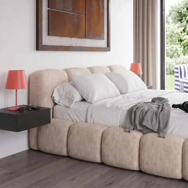 Muffo Polsterbett SUENO, Doppelbett mit Metalllattenrost und Bettkasten, Chenille-Stoff in Creme, 140x200 / 160x200 / 180x200 / 200x200 cm – Bild 8