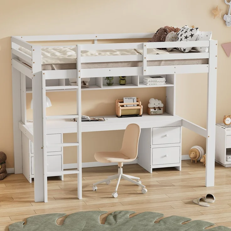 Hochbett 90x200 cm mit Schreibtisch und Stauraum,Kinderbett aus massivem Kiefernholz,Multifunktionsbett mit 4 Schubladen und 4 Regalfächern,Weiß – Bild 3