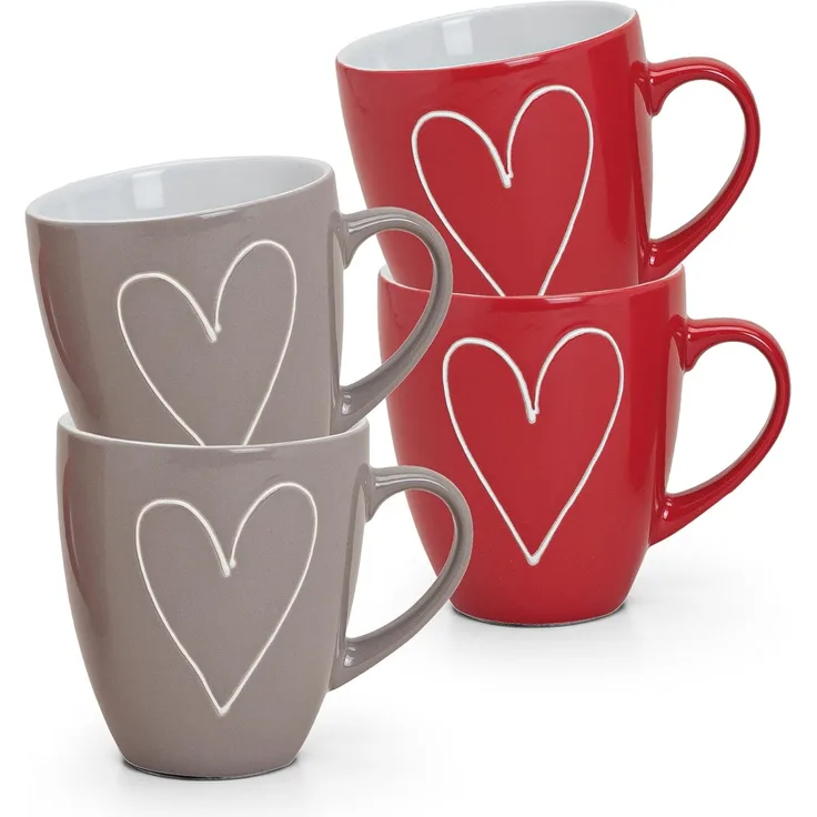 matches21 HOME & HOBBY Tasse Grosse Kaffeetassen 4er Set Landhaus-Stil einfarbig Herzen Liebe, Keramik, Tee Kaffee-Becher, klassisch, rot grau weiss, 400 ml