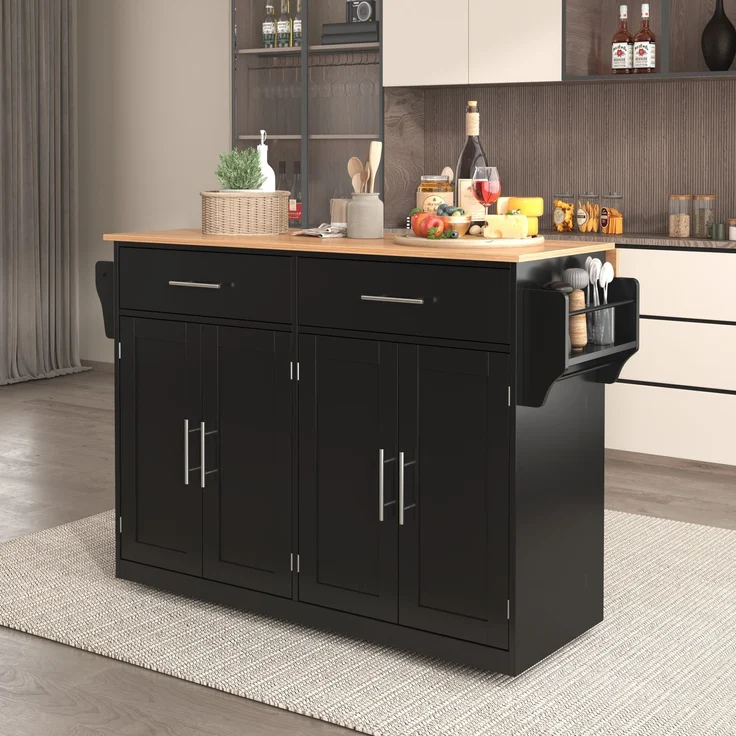 Servierwagen 120x46x91 cm mit klappbarer Tischplatte, Rollen und austauschbaren Holzfüßen, Kücheninsel und Sideboard, Schwarz & Natur – Bild 2