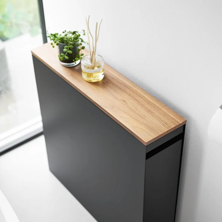Yamazaki 1427 Tower Auszieh-Regal mit Holzablage, schwarz, Stahl/Holz/Polypropylen/Silikon, minimalistisch, 56 x 14 x 55 cm – Bild 9