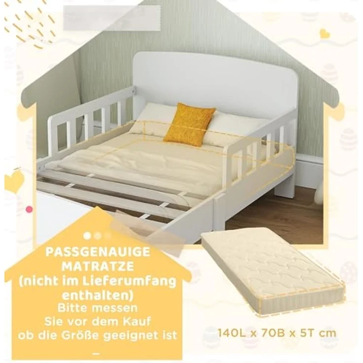 AIYAPLAY Kinderbett mit Rausfallschutz, Lattenrost (Kleinkindbett, 1-tlg, 143,5x74,2 cm Einzelbett), für Mädchen und Jungen 3–8 Jahre, Weiß – Bild 6