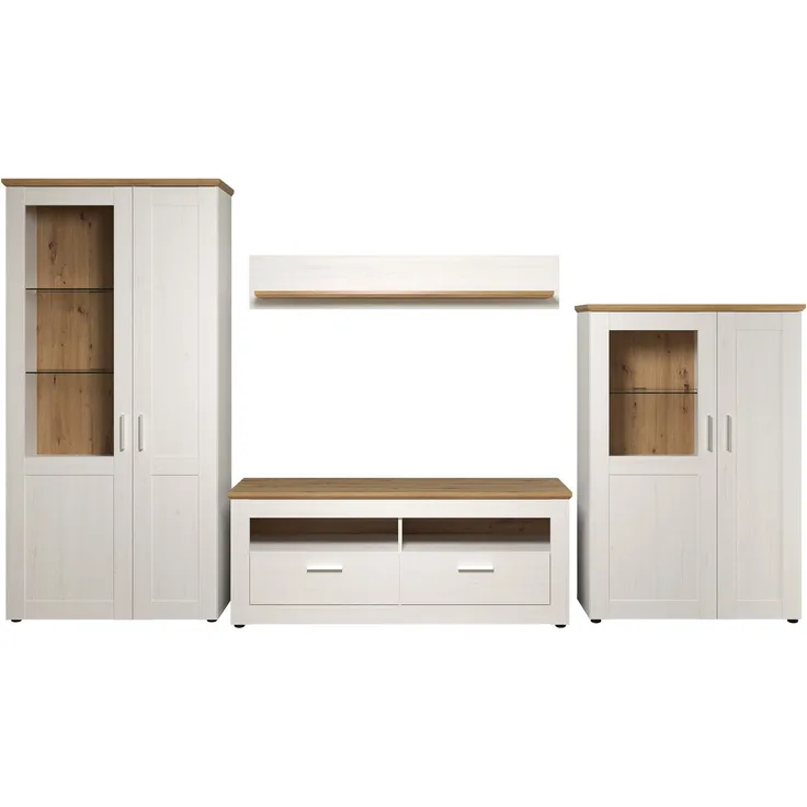 Wohnwand 4-teilig Shade in Andersen Pinie weiß und Eiche Artisan Landhaus 368 x 194 cm