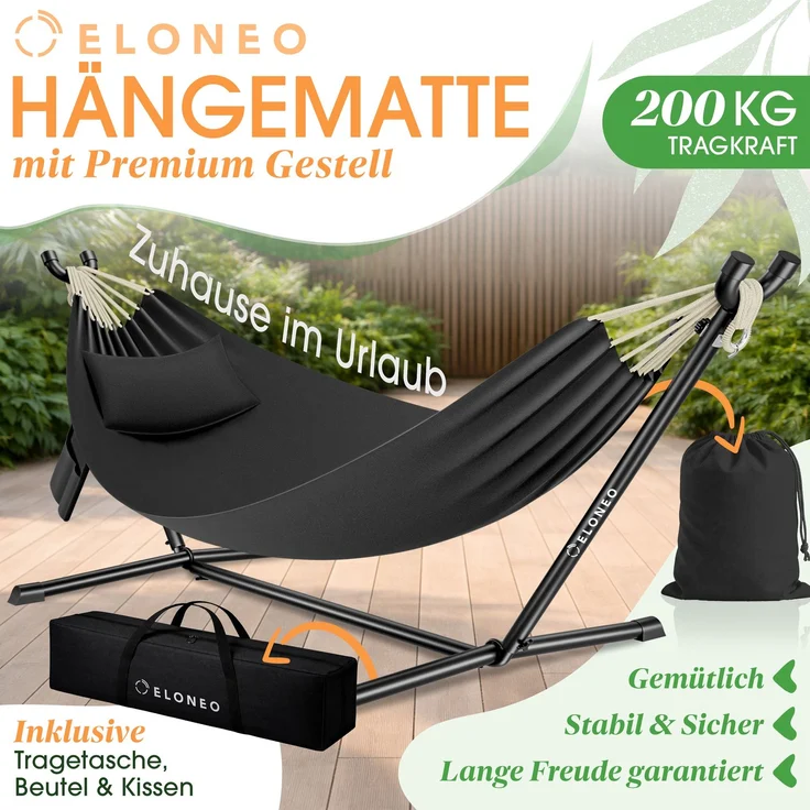 ELONEO Hängematte mit Gestell für 2 Personen, 200 kg Belastbarkeit, höhenverstellbares Hängemattengestell Outdoor und Indoor Hammock inklusive Kissen, Tragetasche und Beutel, Anthrazit – Bild 2