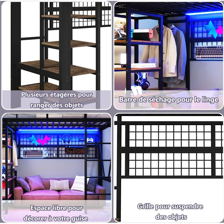 EINHOM Hochbett, 90 x 200 cm, Eisenrahmen, Ablagefach, Netz zum Aufhängen von Gegenständen, mit Kleiderstange, Offener Raum unter dem Bett, mit LED-Lichtleiste, Schwarz (Ohne Matratze) – Bild 6