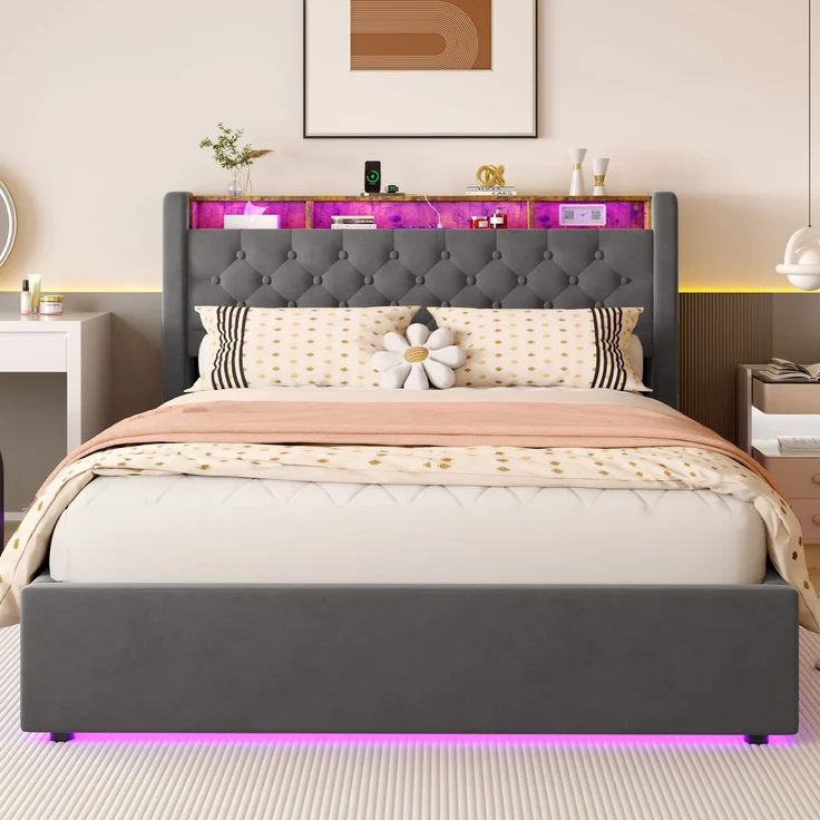 Polsterbett aus Holland-Velours 140x190 cm in Grau mit LED, USB-C & Stauraum – Bild 3
