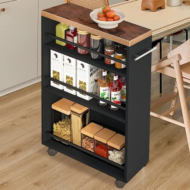 Shally Dogan Küchenwagen Slim Design Industrial, Mehrzweckwagen, platzsparend, Schwarz mit 4 Ablagen und 360° beweglichen Rollen, Lagerregal 50 x 16 x 80 cm (Schwarz)