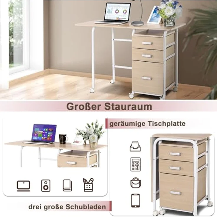 FANTASK Schreibtisch, Klappbarer Bürotisch mit Metallrahmen, Klappschreibtisch mit 3 Schubladen & Rollen, platzsparender Computertisch für kleine Räume, 105 x 50 x 75 cm (Natur) – Bild 7