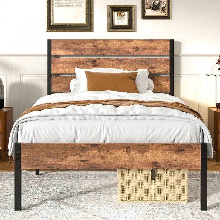 VECELO Bettgestell 90x200 cm, Einzelbett aus Metall mit massivem Holzkopfteil und Lattenrost, 31 cm Unterbettstauraum, Geräuschfrei, 204 kg Tragkraft, Industrial Style, Braun