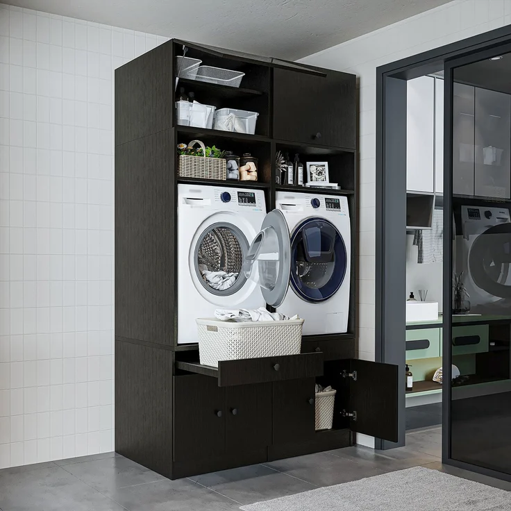 Roomart Waschmaschinenschrank Doppelschrank mit Ausziehplatte – SERIE 1 - 134 cm breit, Waschmaschinenschrank für Waschküche & Hauswirtschaftsraum • Schwarz-Eiche – Bild 2