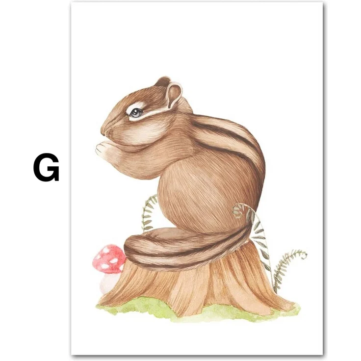Poster Kinder süße Tiere im Boho Stil Bär Eichhörnchen Schnecke Pilzhaus und Blumen als Deko Print ohne Rahmen - G / 40x 50 cm