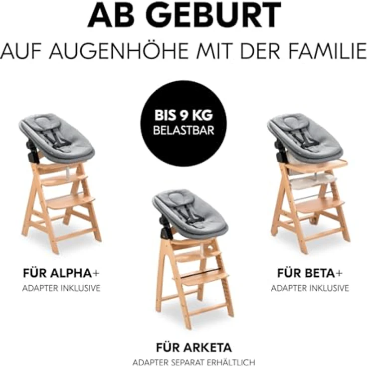hauck 3in1 Babywippe für Alpha+, Beta+ & Arketa Holzhochstuhl, Ergonomische Babyliege für Babys ab Geburt bis 15 kg, mit 5-Punkt-Gurt, Sitzverkleinerer, Baumwollbezug (Dark Grey Melange) – Bild 4