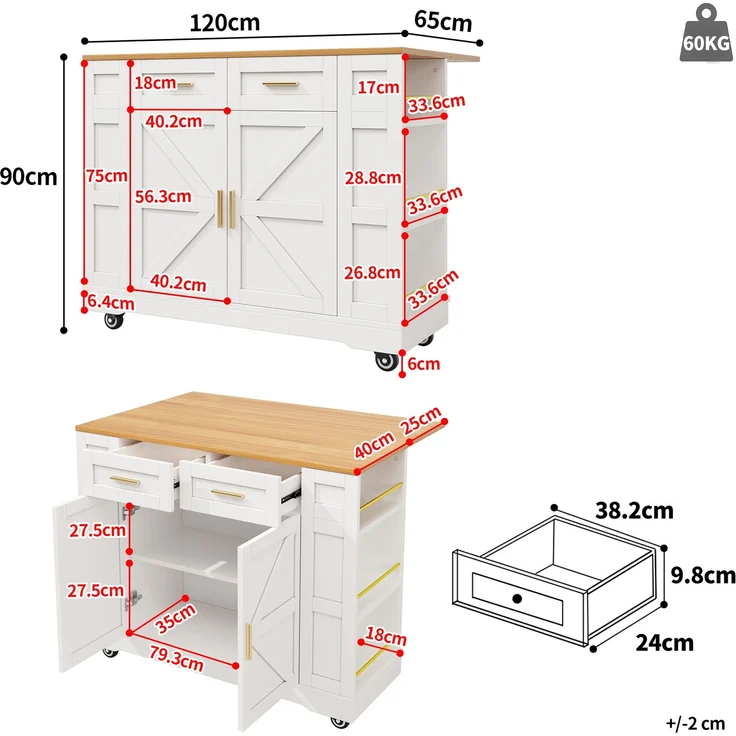 Servierwagen Kücheninsel MDF ausziehbar klappbar 120cm Skandinavisch 3D-Schranktüren Metallgriffe,Weiß – Bild 10