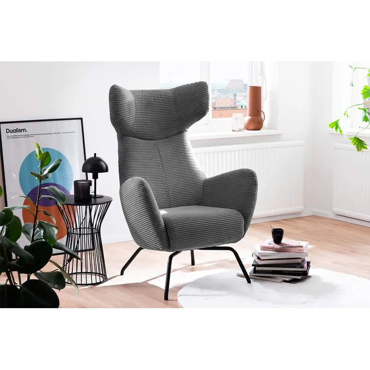KAWOLA Sessel LOTTE Ohrensessel Cord grau 117 x 82 x 79 cm