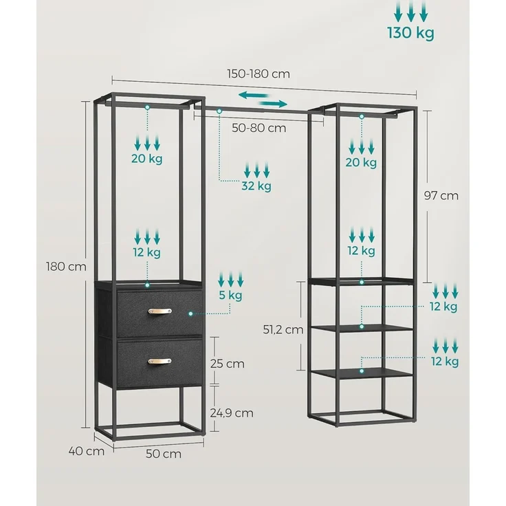Songmics Kleiderschrank Kleiderständer hochbelastbar, 2 Schubladen, 4 Ablagen, schwarz – Bild 4