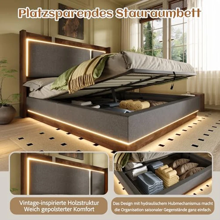 Ball & Cast Polsterbett 140x200 cm mit Hydraulischem Bettkasten, Grau – Bild 8