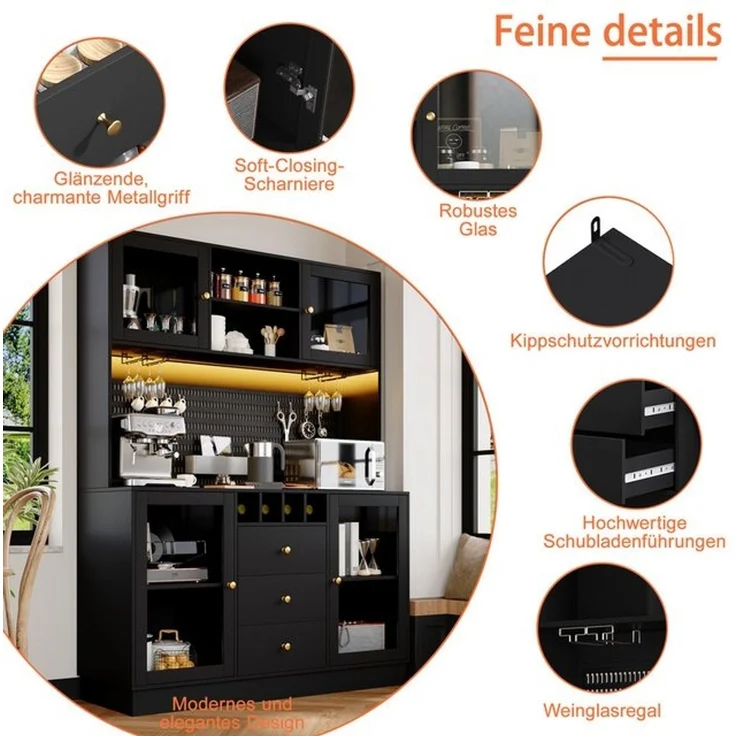 Odikalo Küchenbuffet Küchenschrank Buffetschrank mit LED Beleuchtung & Weinregal (mit Smart LED Beleuchtung, Hochschränke fürs Wohnzimmer,Seitenschrank mit Weinregal und Kippsicherung, Verstellbare Einbauregale) – Bild 4