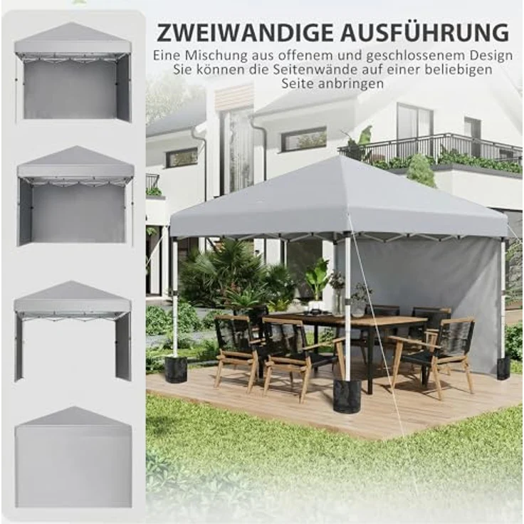 Outsunny Pavillon 3x3m, wasserabweisender Pop-up Faltpavillon mit 2 Seitenwänden, UV Schutz 30+, faltbar und höhenverstellbar, hellgrau – Bild 3
