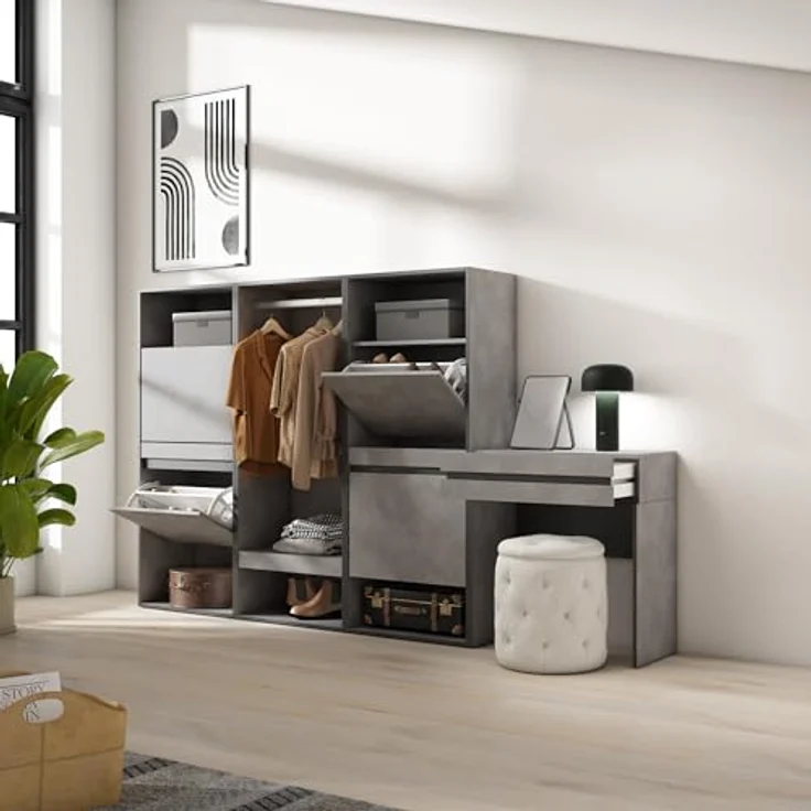 Skraut Home | Schuhregal, Schuhschrank | Schuhaufbewahrung | 250x145x35 cm | Für Schlafzimmer, Zimmer | Offener Kleiderschrank | Schminktisch | Moderner Stil | Zement – Bild 4