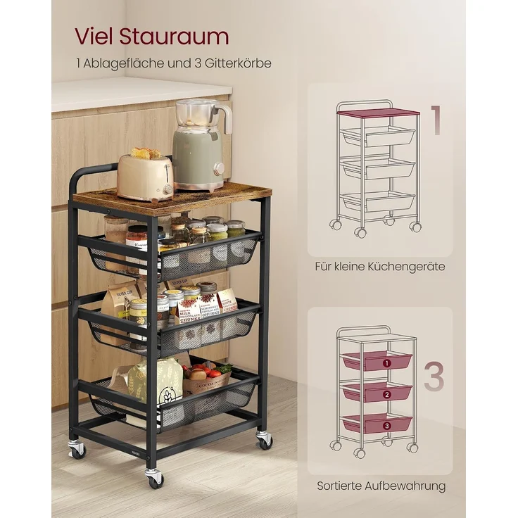VASAGLE Servierwagen mit 4 Ebenen, Rollwagen mit herausziehbaren Körben, auf Rollen, 31,7 x 40 x 76 cm, vintagebraun-tintenschwarz – Bild 4