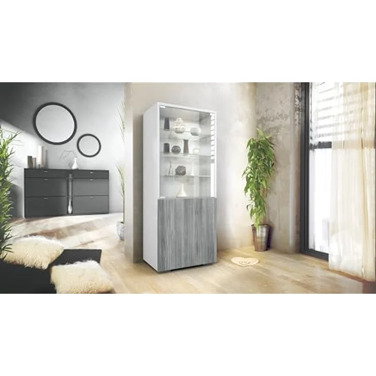 Vladon Standvitrine Granada (Vitrinenschrank, mit Glastür und Glaseinsatz) Weiß matt/Avola-Anthrazit (50 x 122,5 x 34,5 cm) – Bild 3