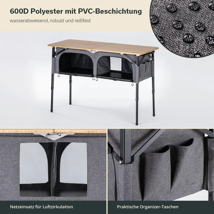 Skandika Campingtisch mit Schrank Tolja | Outdoor Bambus Klapptisch mit Stauraum, höhenverstellbar, klappbar, Campingschrank mit Einlegeböden, Tragetasche | Campingmöbel, Garten, Balkon – Bild 5