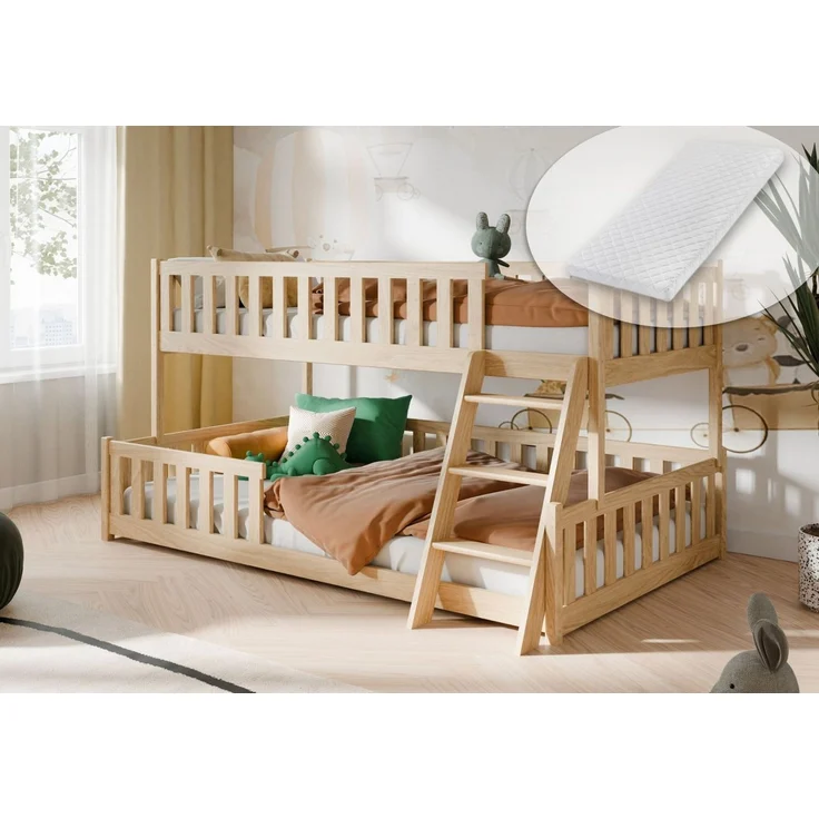 Kids Collective Etagenbett Hochbett Kinderbett 90x200/120x200 cm Rausfallschutz & Lattenrost, Mit zwei Matratzen und Leiter, massives Kiefernholz, Natur – Bild 1