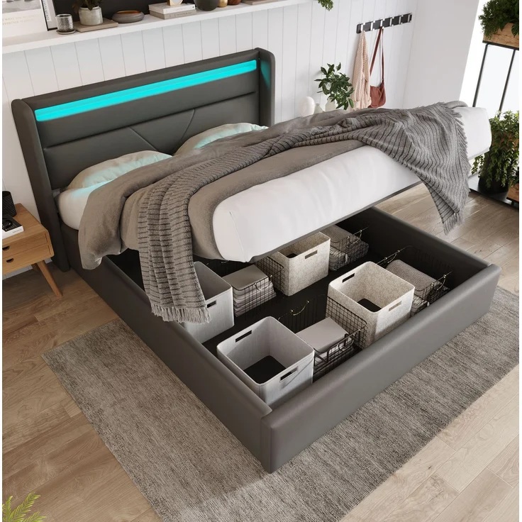 CHICFURN Polsterbett PU Grau 160x200 cm mit LED-Beleuchtung und hydraulischem Bettkasten – Bild 2