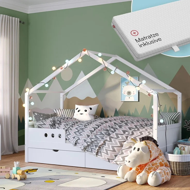 Bellabino 'Bela' Hausbett 90x200 cm mit Matratze und großer Schublade, weiß, Kiefer Massivholz, Montessori Kinderbett mit Stauraum, inkl. Rausfallschutz und Lattenrost – Bild 1