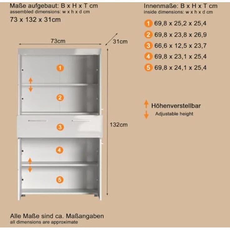 Trendteam 'Amanda' Midischrank, Holz, 132 x 31 x 73 cm, Weiß / Weiß Hochglanz – Bild 4