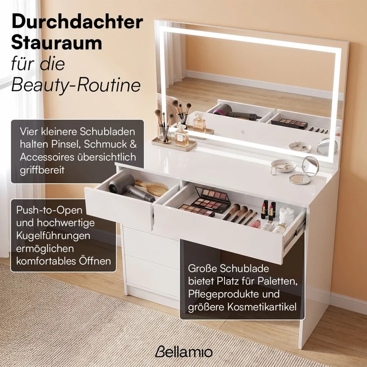 Bellamio 'Livny' Set aus Schminktisch mit Spiegel und Wolkenstuhl, LED-Beleuchtung, mit 5 Schubladen, beidseitig montierbar, weiß Hochglanz, 80x53x110 cm, LED-Beleuchtung mit mit 3 einstellbaren Lichtfarben – Bild 6