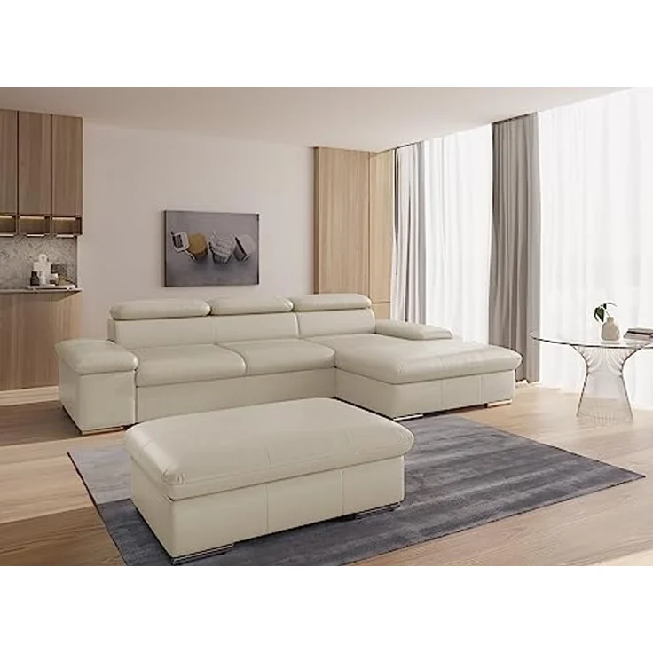 CAVADORE Leder-Ecksofa Valerie mit XL-Longchair / Eckcouch mit Kopfteilverstellung, großem Longchair + Metallfüßen / 286 x 73 x 174 / Echtleder Weiß – Bild 2