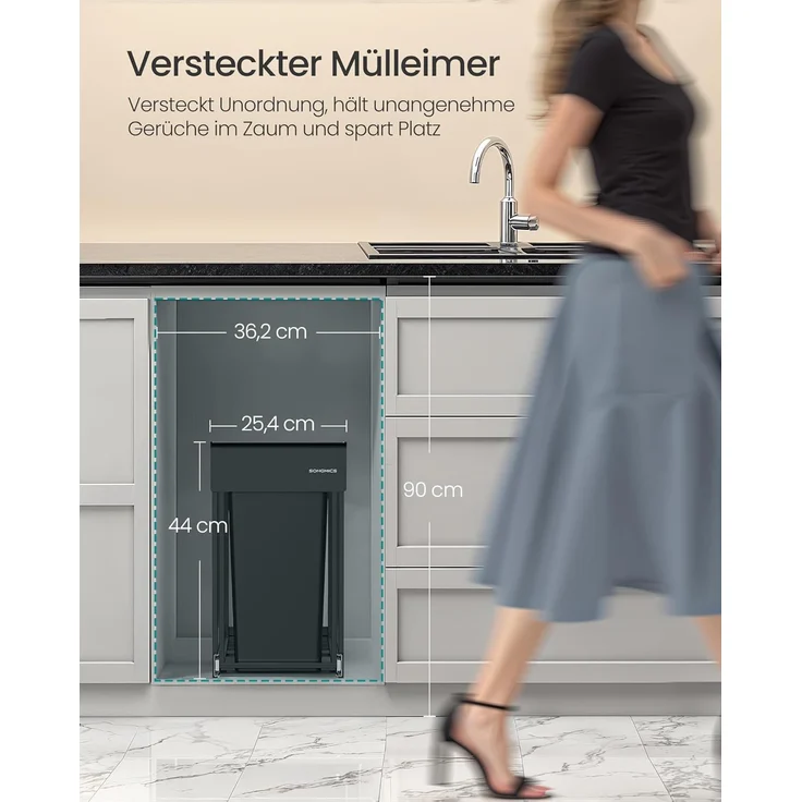 SONGMICS Mülleimer küche, Mülltrennsystem für Unterschrank, 2 x 15 L, Abfalleimer 2 Fächer, ausziehbar, Stahlrahmen, ABS-Deckel, tintenschwarz – Bild 3