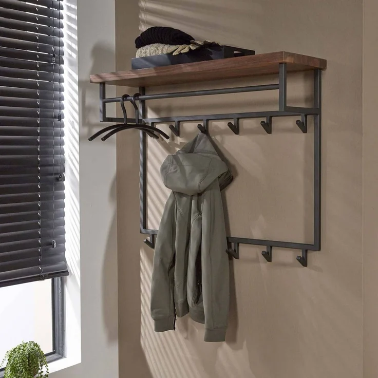 Garderobe Solalid Saja Massivholz, modernes Industriedesign, braun, mit Hutablage und 12 Haken – Bild 1