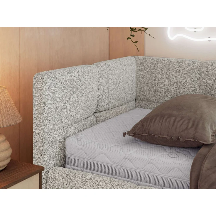 Jugendbett 90x200 ARVO Polsterbett mit Bettkasten, Stauraum & Gasdruckfeder, Modernes Design mit Kopfteil - Hellgrau Strukture - Links Seite – Bild 4